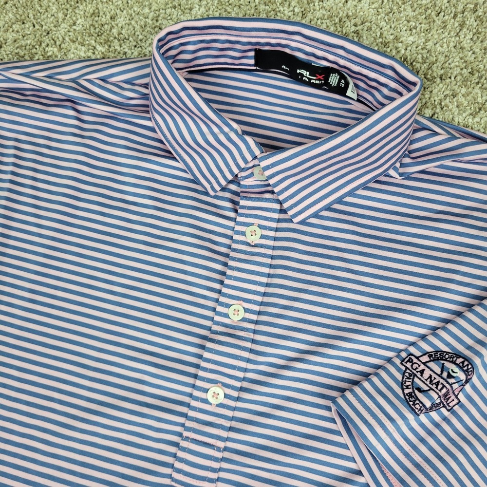 RLX Ralph Lauren Mens XL Blue Pink Striped Performance Stretch Golf Polo SS
